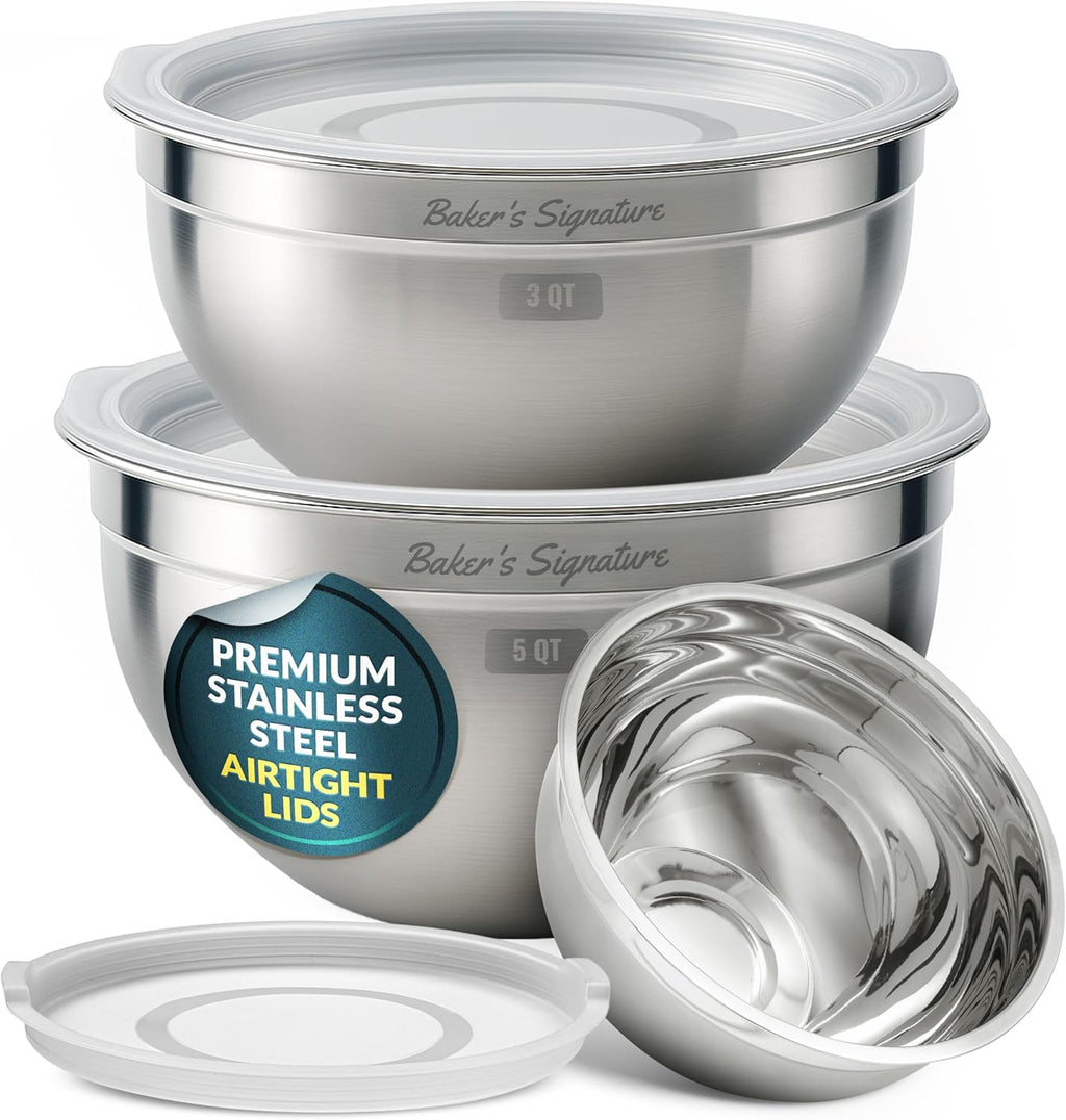 Baker's Signature Stainless Steel Mixing Bowls With Lid, Metal Mixing Bowl Set Of 3, Nesting Set For Food Prep, Baking,Storage, Cooking, Serving | Dishwasher Safe, Silver, 1.5/3/5 Qt