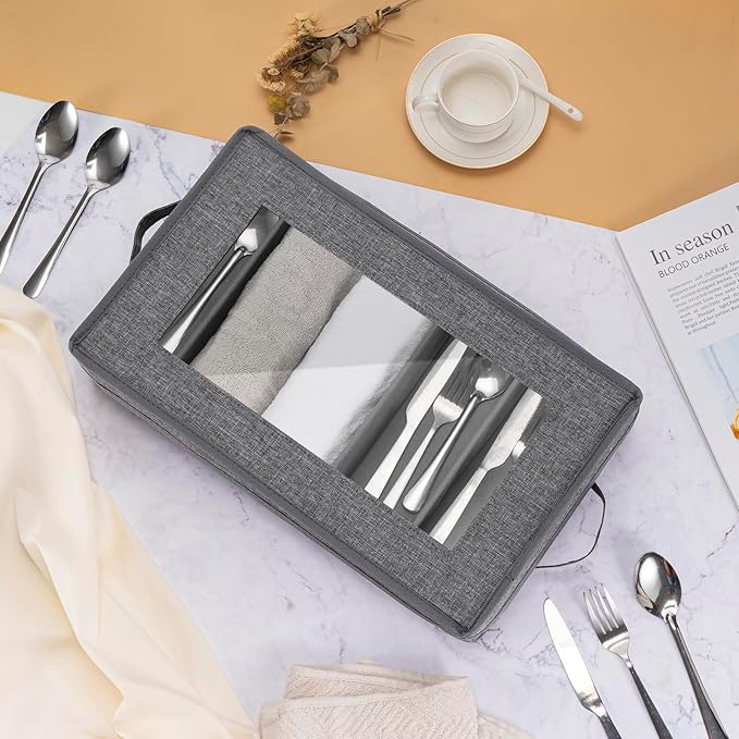 Silverware Storage Box, Flatware Storage, Utensil Storage with Removable Lid and Adjustable Dividers for Organizer Utensils, Cutlery, Flatware, Knives, Large Capacity Gray