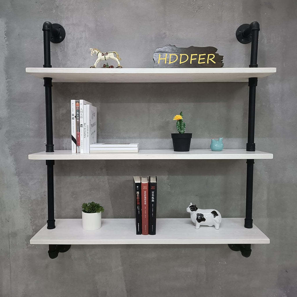 Industrial Pipe Shelving Rustic White Pipe Wall Shelves Bathroom Shelves with Wood Planks Industrial Floating Shelves 30 Inch Farmhouse Bookshelf Pipe Shelves Wall Mounted