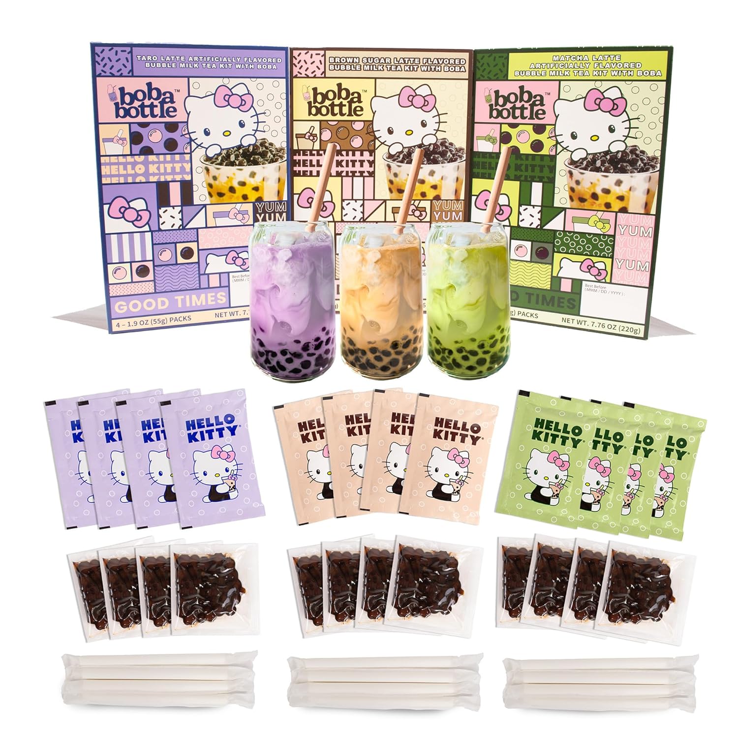 Hello Kitty Instant Boba Milk Tea Variety Kit, Brown Sugar, Taro, Match Flavor, with Taiwan Tapioca Pearls, Paper Straws Included (12 Servings)