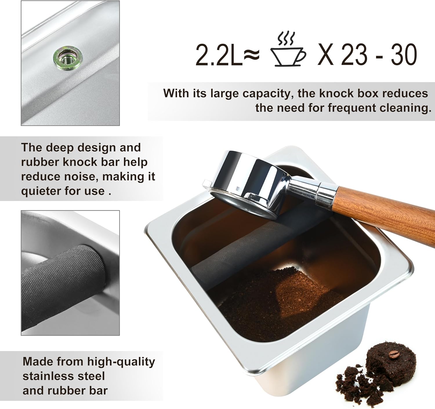 TECHSHARE Stainless Steel Knock Box, Square Espresso Knock Box, Large Capacity Coffee Knock Box, Easy to Clean Espresso Accessories for Home, Kitchen, Cafe, and More