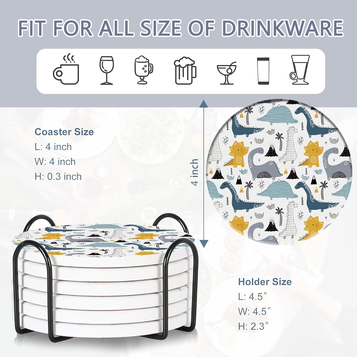Drink Coasters Set of 6 with Holder, Dinosaur Absorbent Ceramic Drink Coaster for Tabletop Protection,Suitable for Kinds of Cups,Drinks Coasters for Home Office Decoration(4 Inches)