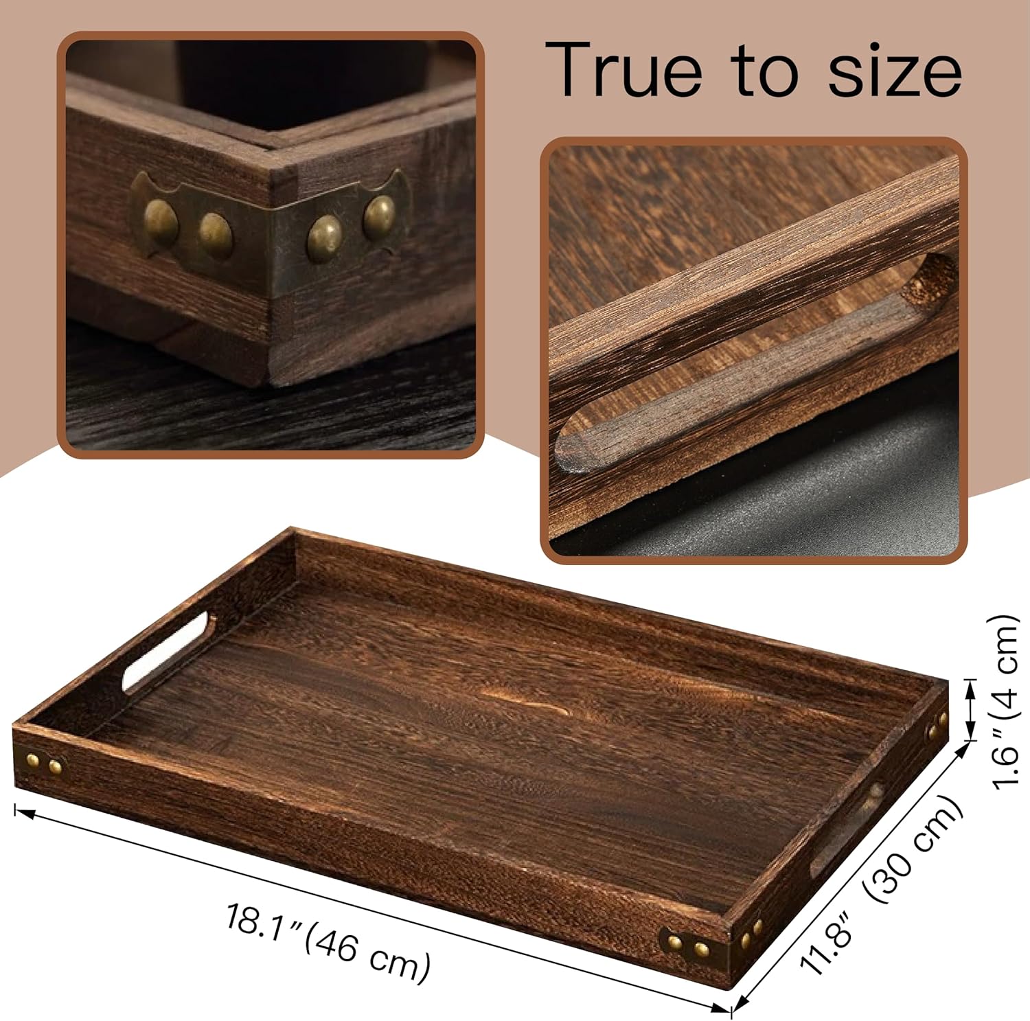 18.1 Inch Rustic Wood Serving Tray with Handles, Breakfast Tray Wooden Trays Decorative Serving Platter for Eating, Working, Storing, Used in Bedroom, Kitchen, Living Room, Bathroom and Outdoors