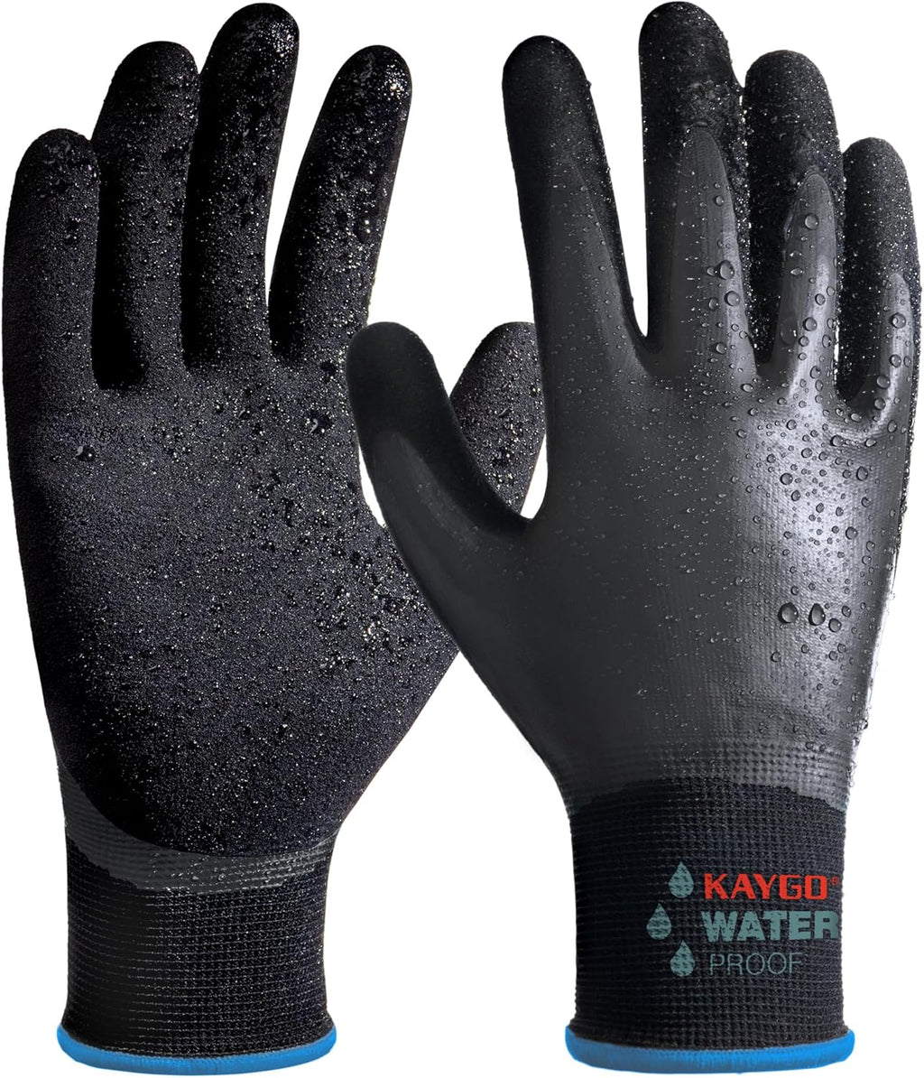 KAYGO Waterproof Work Gloves for Men and Women, Rubber Coated Non-slip Working Gloves for Garden, Outdoor Construction,KG150,Black,M