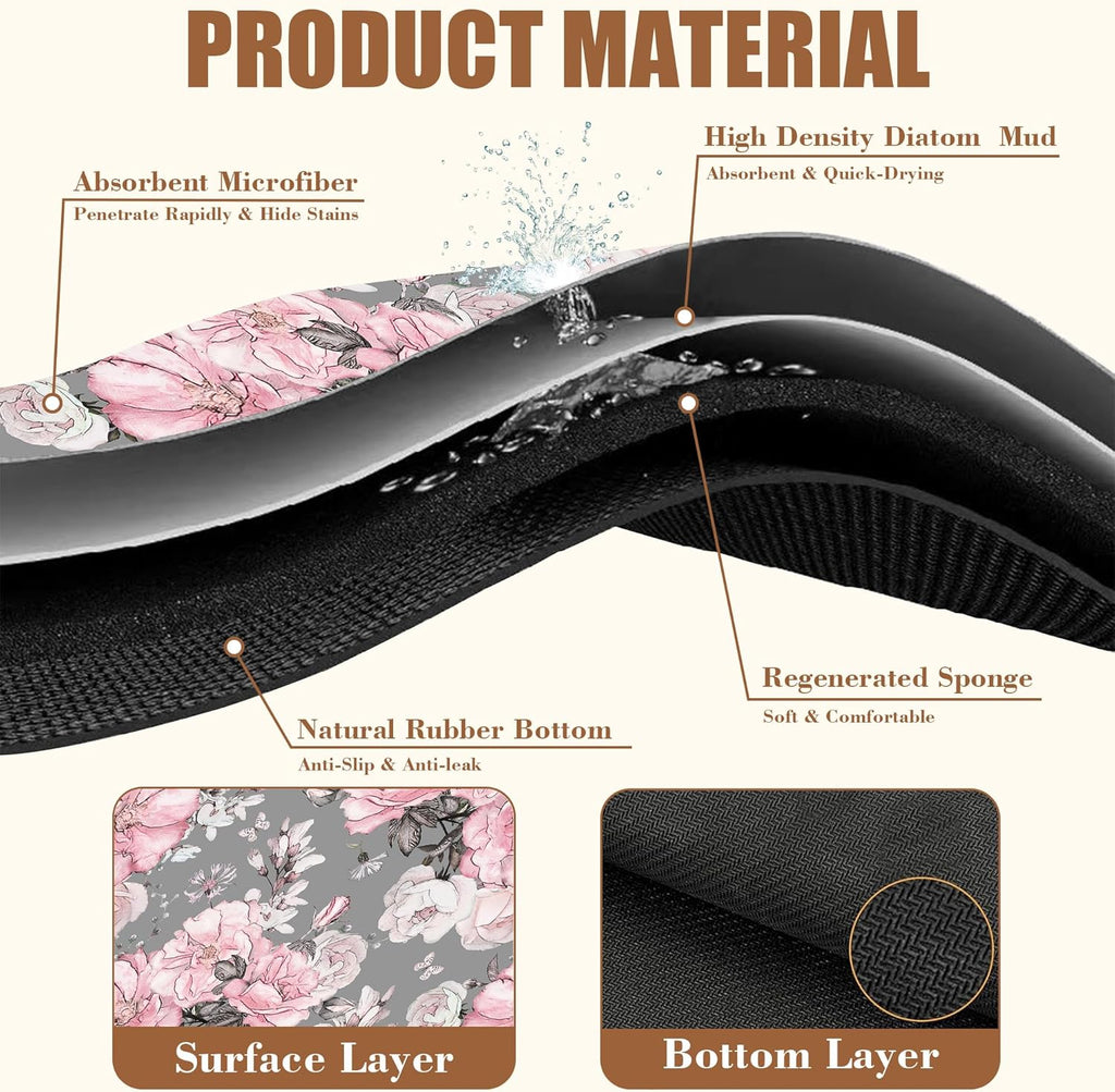 Pink Flowers and Leaves Coffee Mat Absorbent Dish Drying Mat for Kitchen Counter Hide Stain Rubber Backed Coffee Bar Accessories Fit Under Espresso Machine Dish Drainer, 15.7 x 23.6 Inch