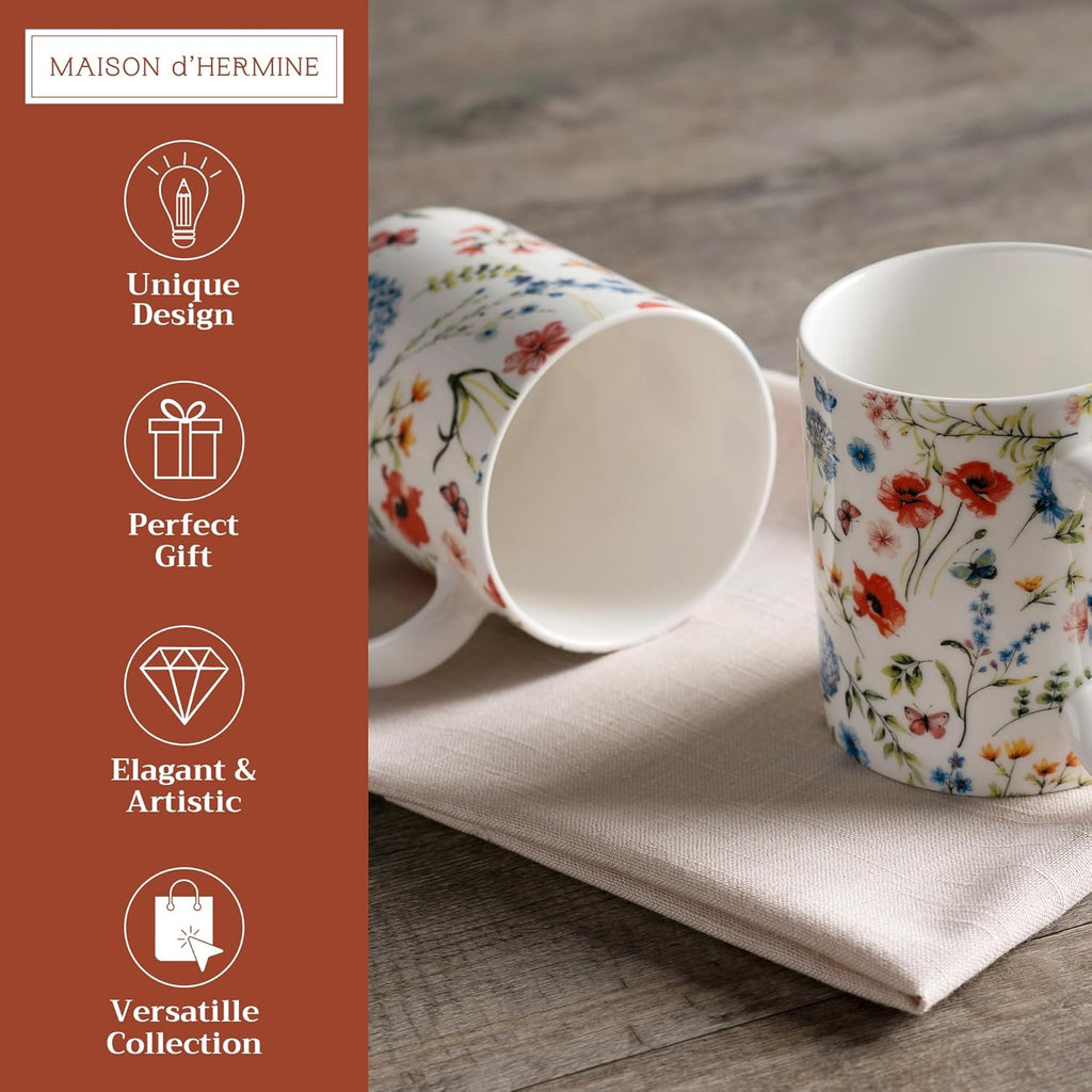 Maison d' Hermine Coffee Mug with Handles Fine Bone China Mugs Pack of Two Tea Cups for Hot Beverages Cappuccino Latte Home Restaurant Office Perfect for Gift (Just Floral, 12 Ounce)