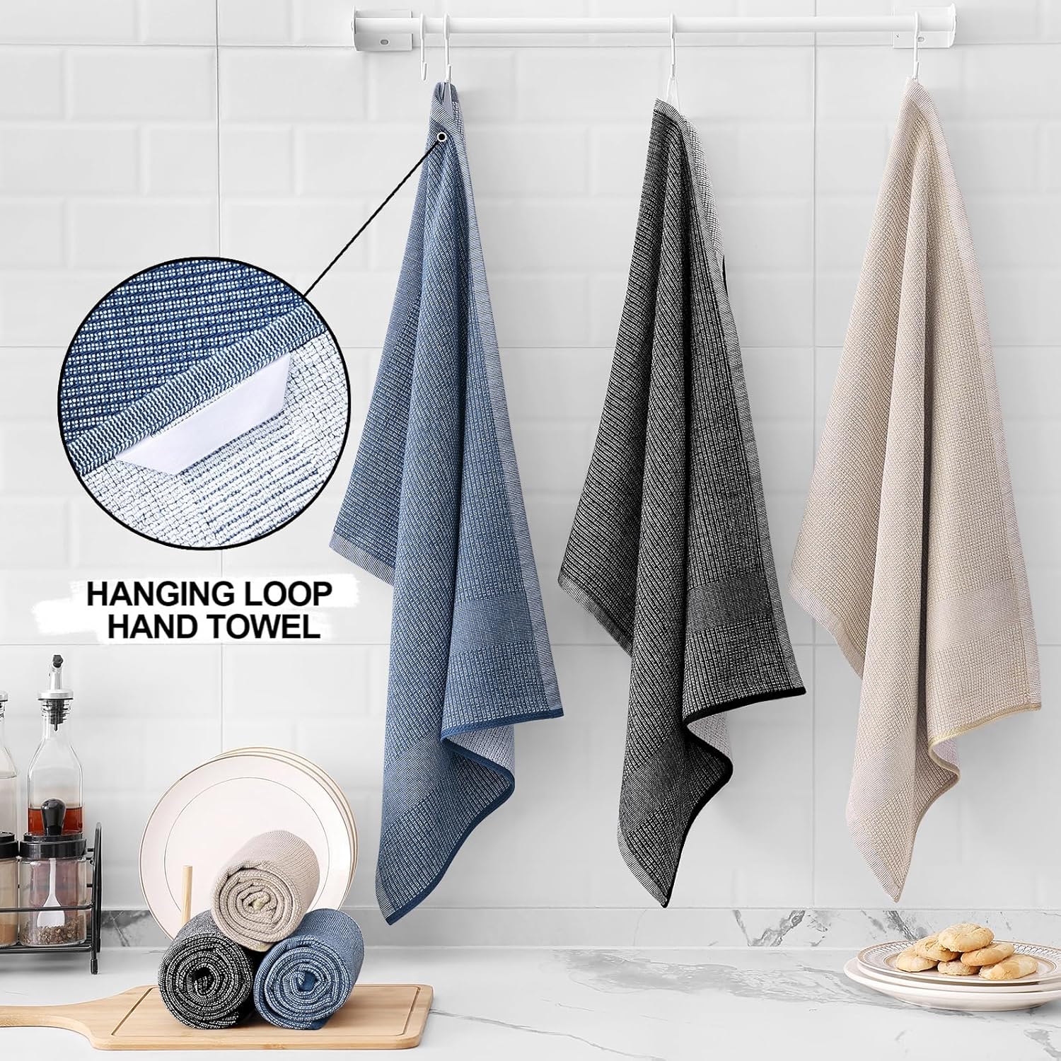 Homaxy Premium Kitchen Towels(18”x 28”, 6 Pack), Large Cotton Kitchen Hand Towels, Flat and Terry Dish Towels, 380 GSM Highly Absorbent Tea Towel Set with Hanging Loop, Navy Blue/Khaki/Black