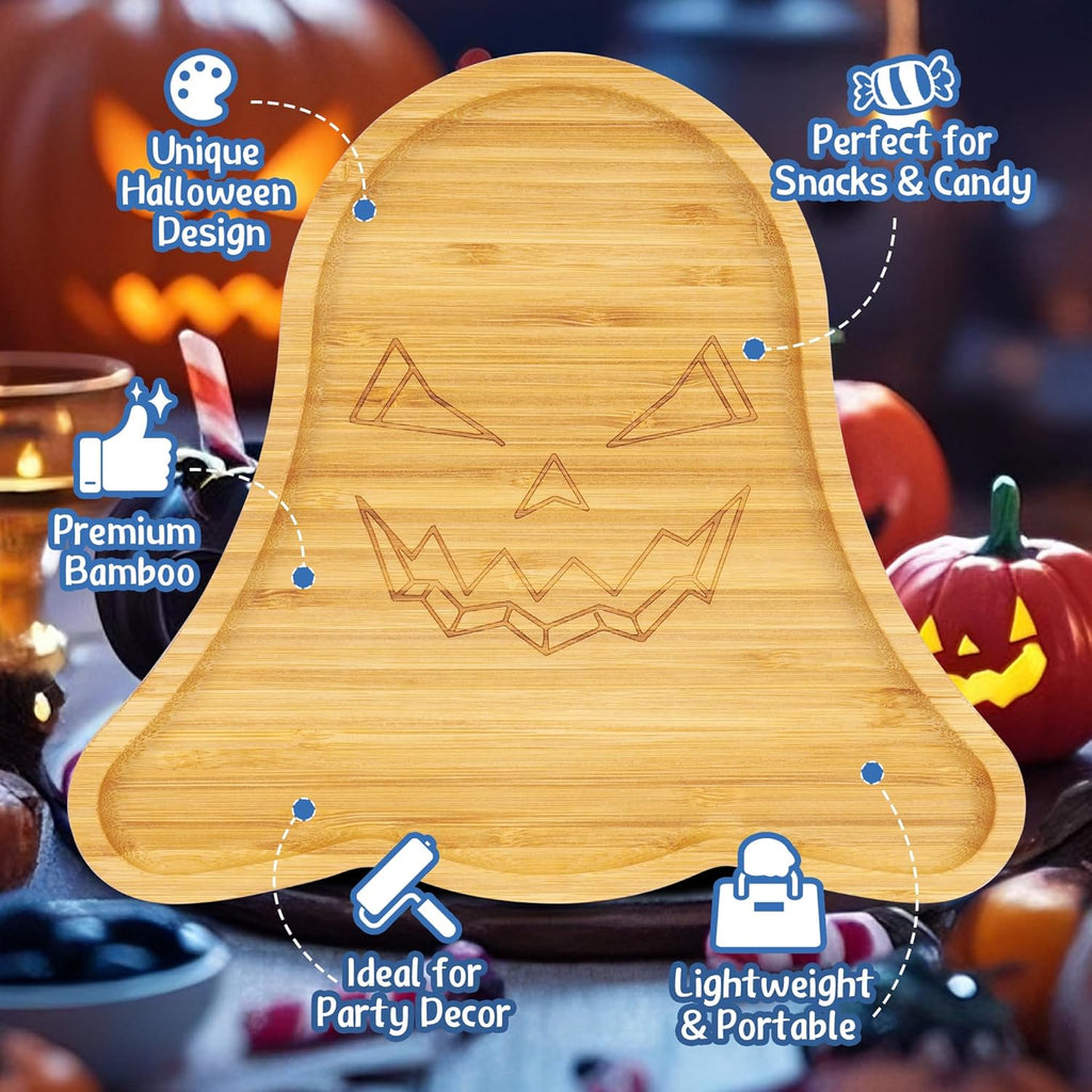 TJ POP Halloween Ghost Serving Tray - Spooky Ghost Shaped Bamboo Serving Platter, Festive Wooden Charcuterie Board, Snack Cheese Dish Plate for Candy, Treats, Drinks & Holiday Party Decor (10" x 9")