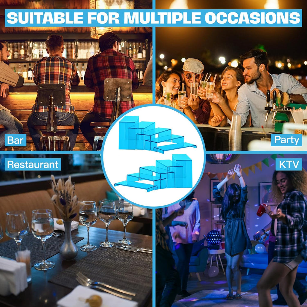 Goabroa Acrylic Display Risers, 2 Sets 10 Pcs Risers Display Stands, Rectangular Acrylic Shelves for Figures, Cupcake, Wine Glass and Handbag display, Transparent Cyan