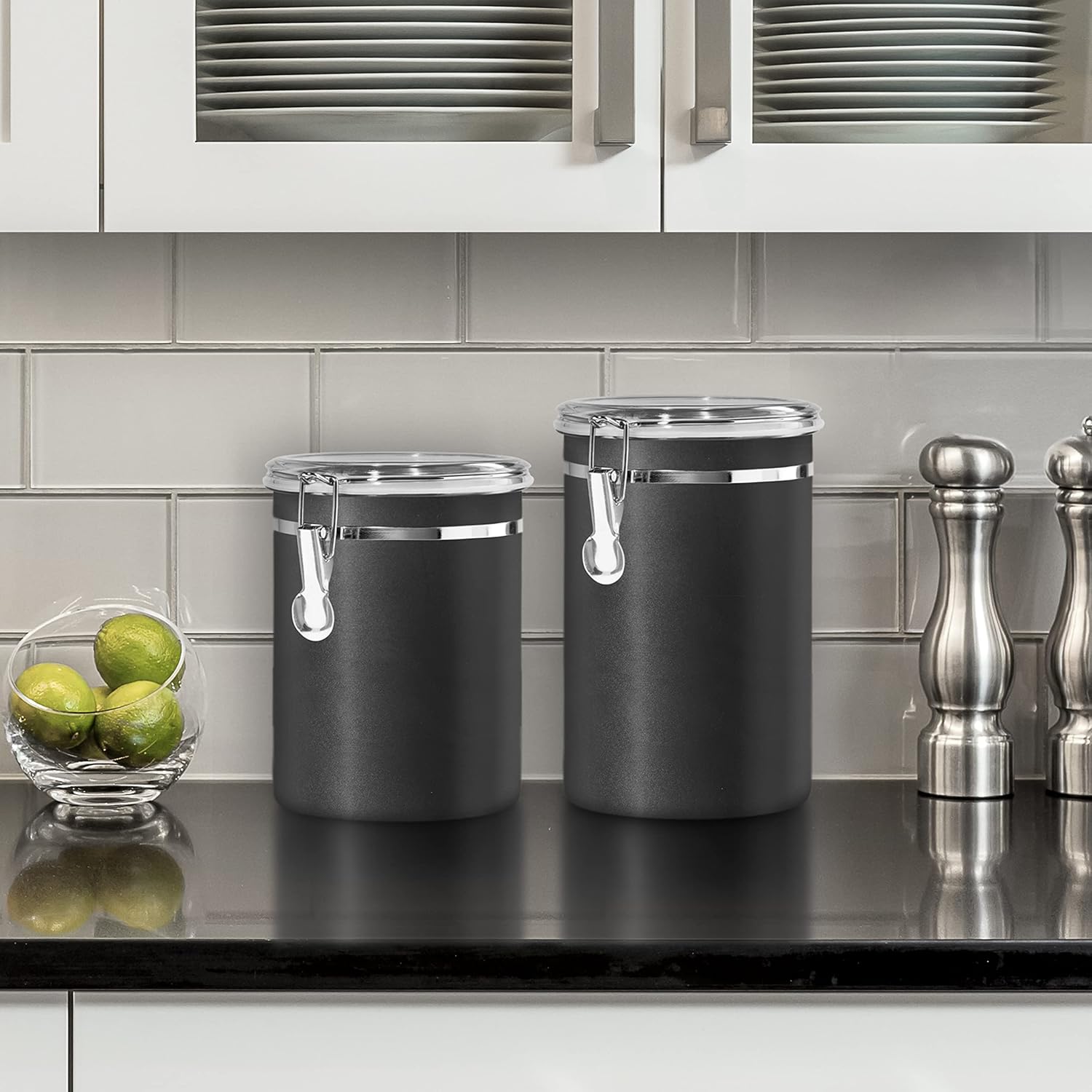 Oggi Stainless Steel Kitchen Canister 36 fl oz, Black - Airtight Clamp Lid, Clear See-Thru Top - Ideal for Kitchen Storage, Food Storage, Pantry Storage. Size 5" x 4.75".