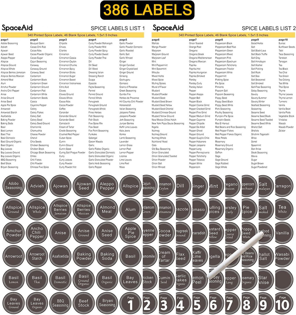 SpaceAid Spice Rack Organizer with 36 Spice Jars, 386 Spice Labels, Chalk Marker and Funnel Set for Cabinet, Countertop, Pantry, Cupboard or Door & Wall Mount - 36 Jars, 17.2" W × 10.8" H, Black