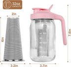 Cold Brew Coffee Maker,32 oz Mason Jar Pitcher with Stainless Steel Filter, Pour Spout Handle Lid, Heavy Duty Glass Airtight & Leak-Proof Pitcher for iced coffee Tea Lemonade-Pink