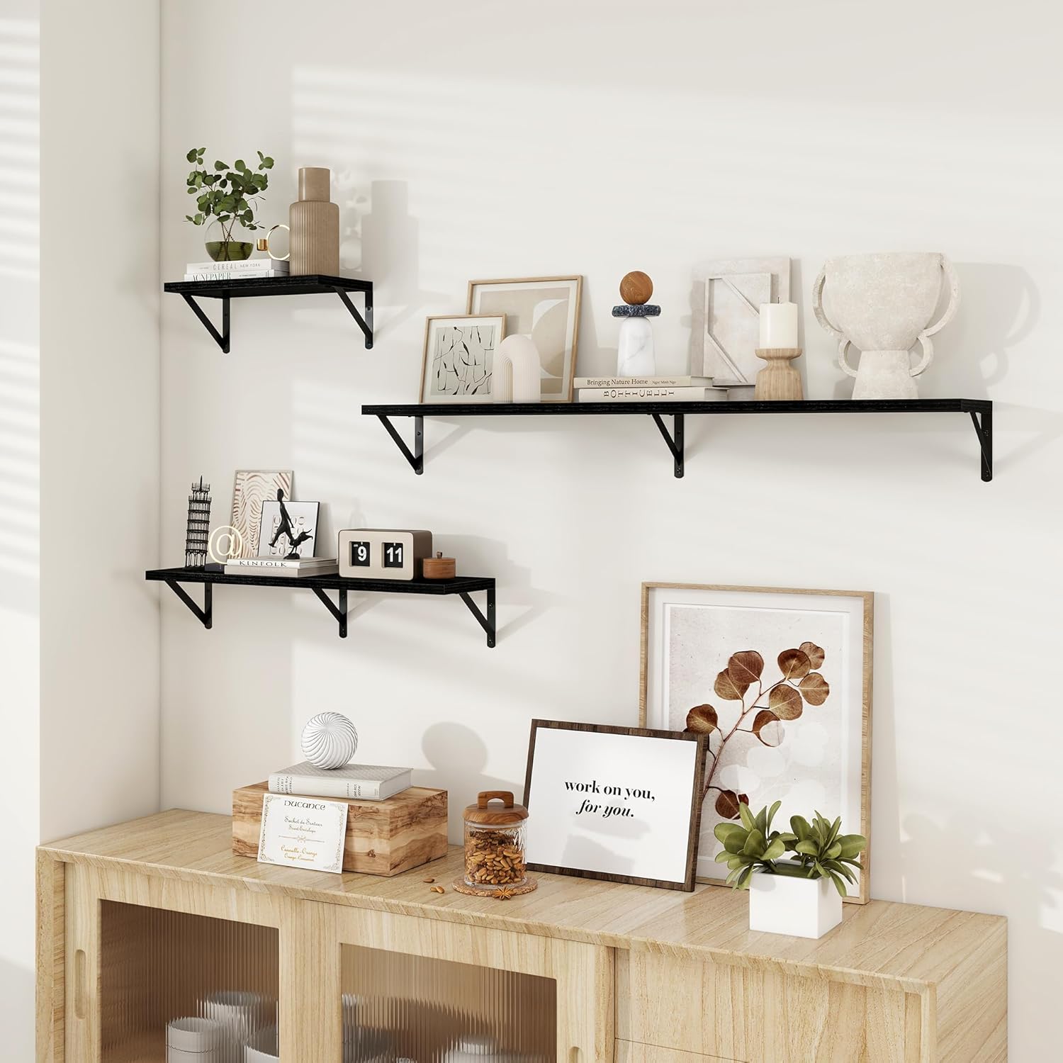 Dreamland Black Floating Shelf 36 inch, 36W x 8D Wall Mounted Shelves Set of 2, Wide Display Ledge Shelf with Sturdy Metal Brackets for Living Room, Bathroom, Bedroom and Kitchen