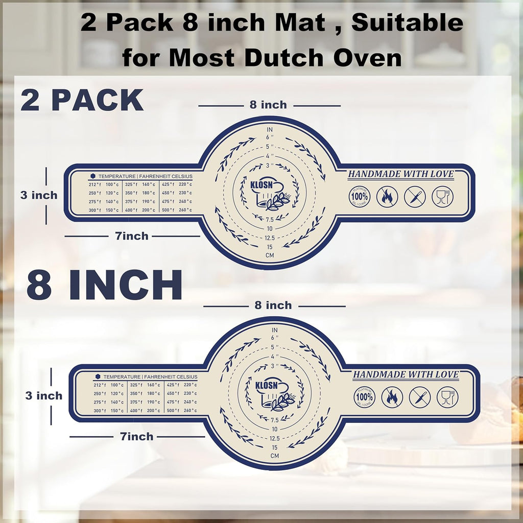 Silicone Bread Sling for Dutch Oven, 2 Pack (8" Round) – Non-Stick & 500°F Heat Resistant Sourdough Mat, Easy to Clean, Reusable Food-Grade Sourdough Slings – Fits 5 qt and up Dutch Ovens