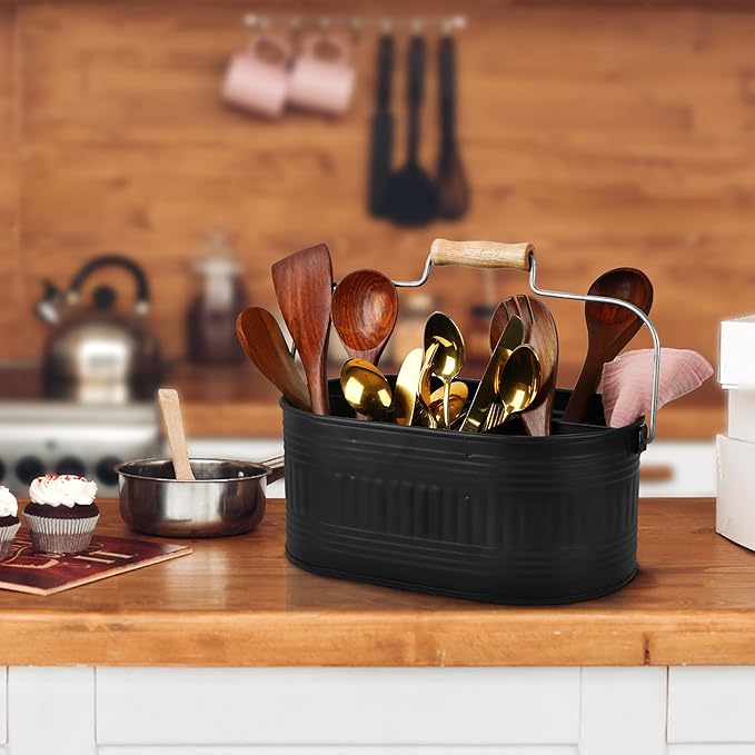 Alpha Living Home Large Silverware Drawer Organizer, Utensil Holder, Silverware Organizer, Caddy, Cutlery Holder, Wooden Handle 4-Section Galvanized Flatware Organizer for Kitchen, BBQ Black