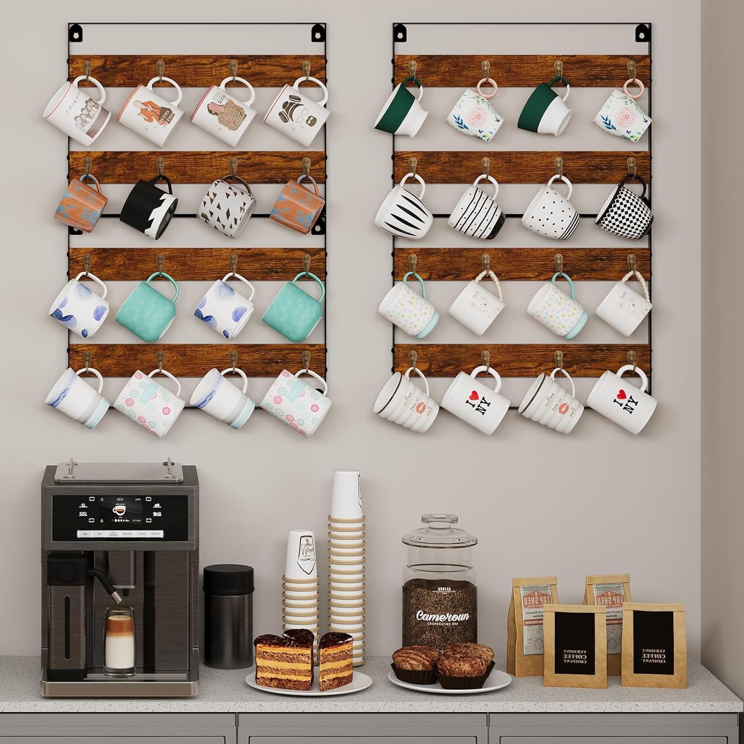 Mug Racks for Wall, Coffee Mug Holder Wall Mount Up to Hold 24 Mugs, Coffee Mug Rack Wall Mounted（3Pack） for Kitchen, Home, Coffee Bar, Rustic Wood and Iron