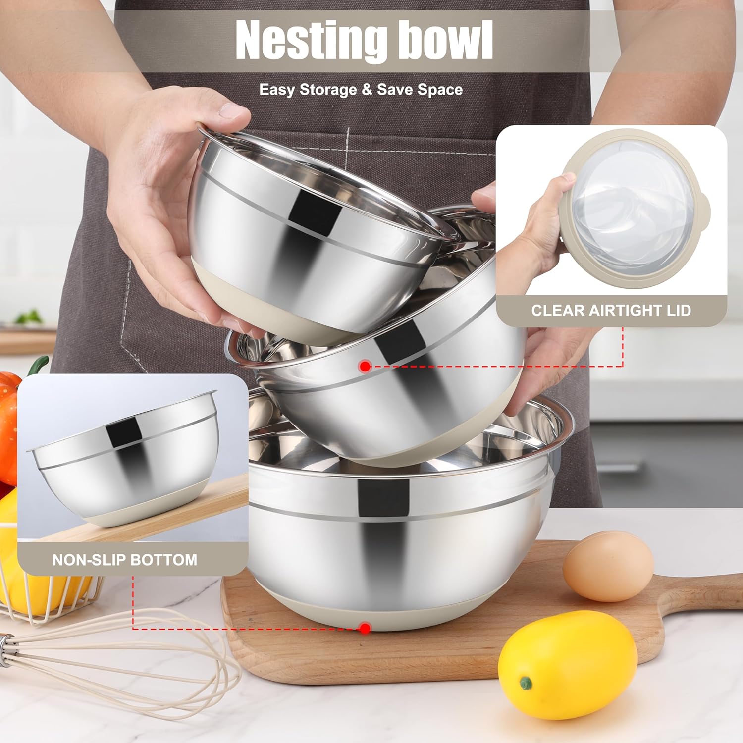 E-far Mixing Bowls with Lids Set, 15PCS Stainless Steel Mixing Nesting Bowl with Colander & 3 Metal Grater for Kitchen Prep/Baking/Storage, Non-Slip Bottom & Airtight Lid, 4.6, 3, 1.5, 1, 0.7QT, Khaki