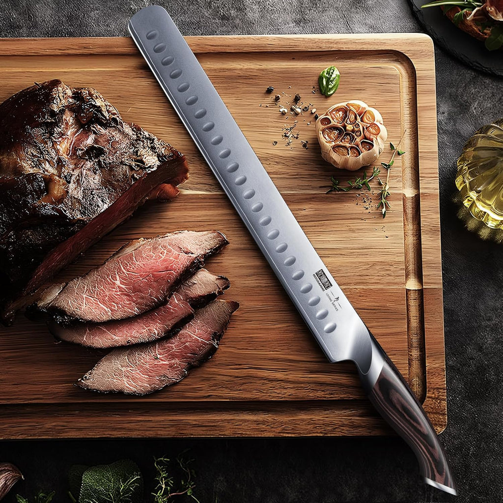 Carving Knife 12 Inch, Japanese High Carbon Steel Slicing Knife with Ergonomic Pakkawood Handle, Razor Sharp Brisket Knives for Meat Cutting, BBQ, Turkey
