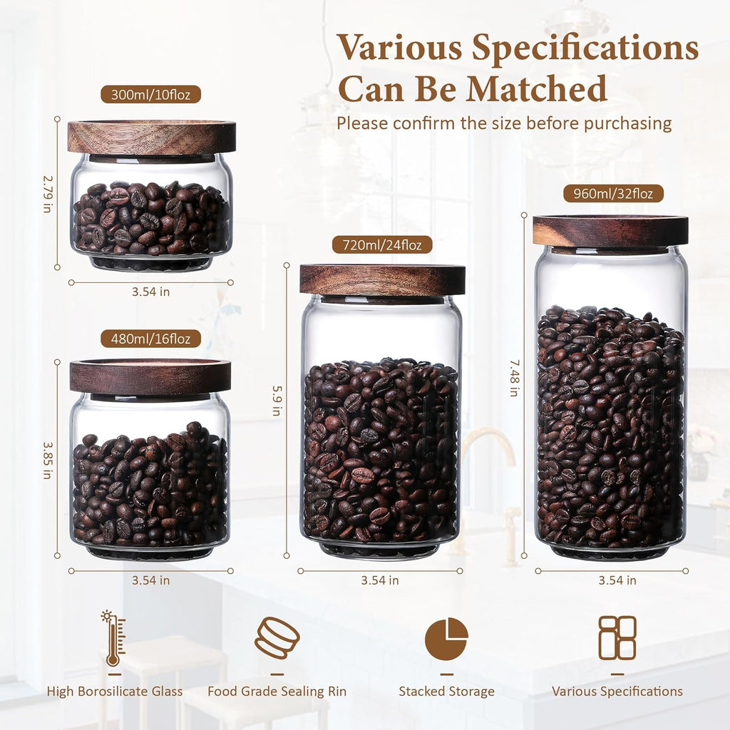 300ML/10Oz Clear Cute Glass Storage Canister Holder with Stackable Airtight Wood Lid, Modern Decorative Small Container Jar for Coffee, Spice, Candy, Salt, Cookie, Condiment, Pepper, Sugar