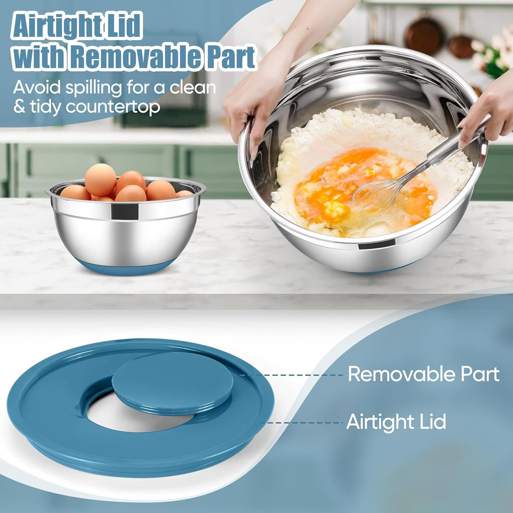 E-far Stainless Steel Mixing Bowls with Lids Set, 5-Piece Nesting Salad Bowls with 3 Grater Attachments and Non-Slip Bottoms, Size 4.6, 2.6, 2, 1.5, 1QT for Kitchen (Blue)