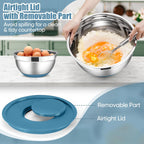 E-far Stainless Steel Mixing Bowls with Lids Set, 5-Piece Nesting Salad Bowls with 3 Grater Attachments and Non-Slip Bottoms, Size 4.6, 2.6, 2, 1.5, 1QT for Kitchen (Blue)