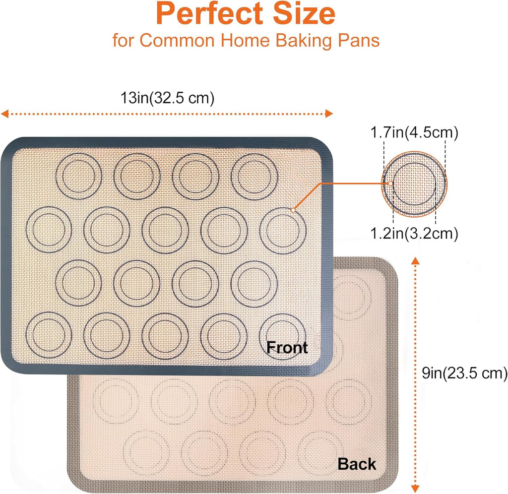 HOOMIL Macaron Silicone Baking Mats 2-Pack, 13" x 9" Quarter Sheet Size Macaron Silicone Mat, Non-Stick, Reusable, Food Safe Baking Mat - Brown+Gray