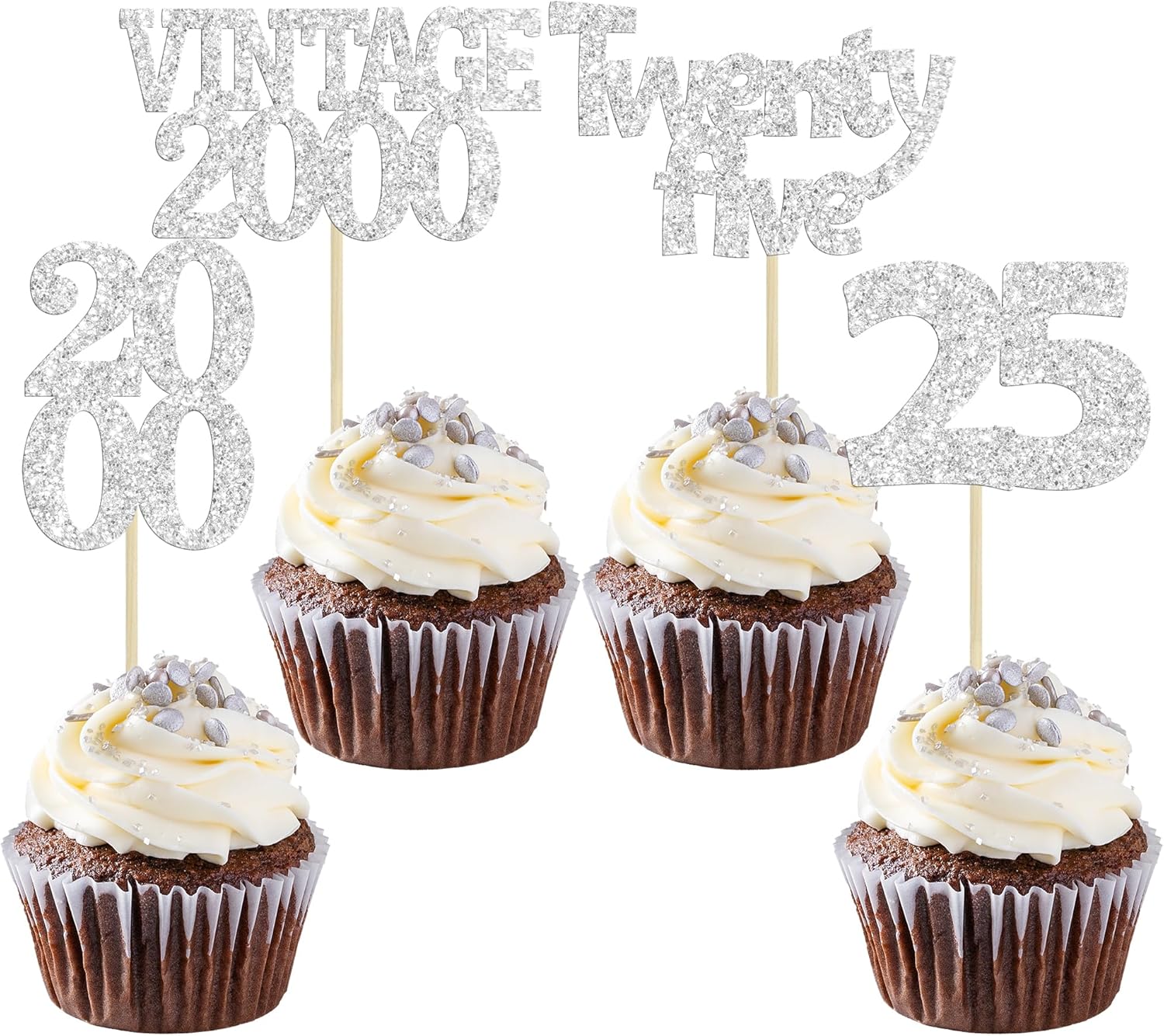 Gyufise 24Pcs 25th Birthday Cupcake Toppers Glitter Twenty-five Vintage 2000 Hello 25 Years Birthday Cupcake Pick Cheers to 25 Cake Decoration for Happy 25th Anniversary Party Supplies Silver