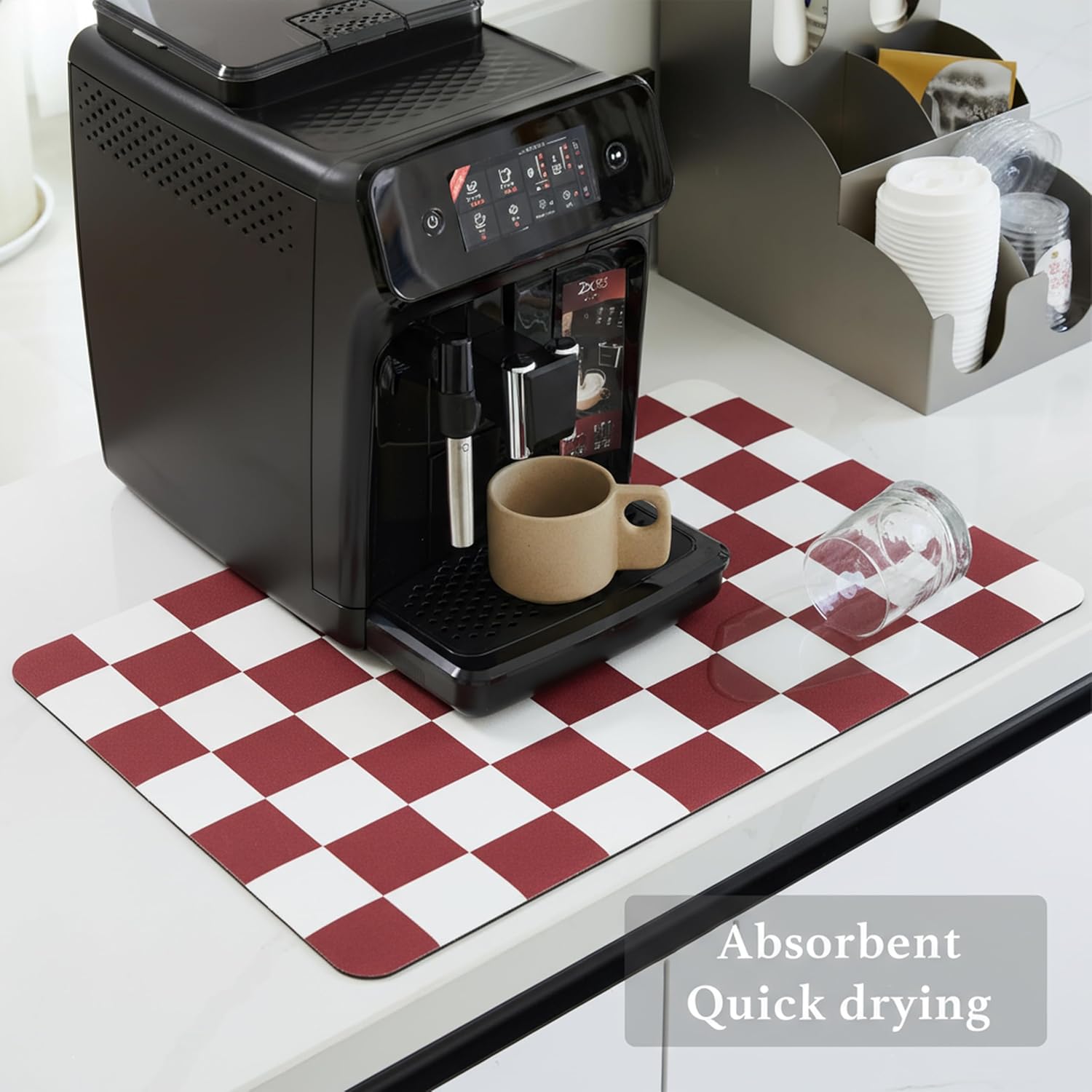 Checkered Dish Drying Mat for Kitchen Counter, Coffee Bar Station Accessories, Retro Cute Aesthetic Modern Absorbent Drainer Mat Kitchen Drying Mat Easy Clean (Red, 24" x 16")
