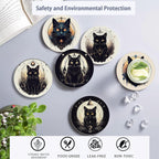 Drink Coasters Set of 6 with Holder, Black Cat Absorbent Ceramic Coasters with Cork Base,Fit All Cups,Great Gift for Housewarming,Room Decor,Bar,Holiday Party