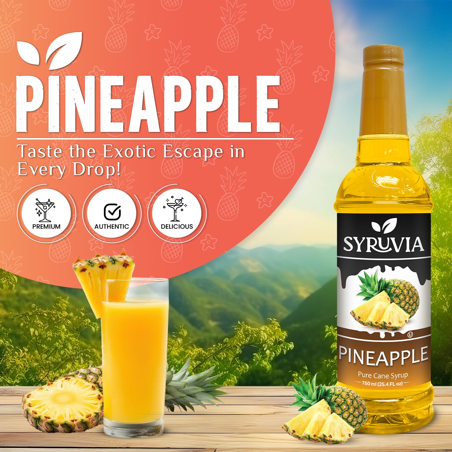 Syruvia Pineapple Syrup for Drinks 25.4 Ounces Pineapple Flavoring Syrup
