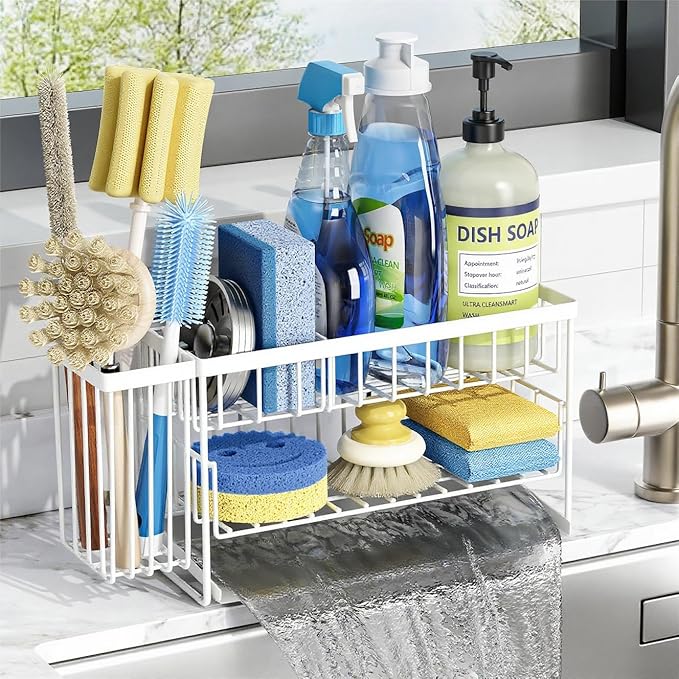 Cisily White 2-Tier Kitchen Sink Caddy Organzier Rack with Flexible Dish Brush Holder, Sponge Holder for Kitchen Sink Countertop Organization Storage,Home Decor Accessories