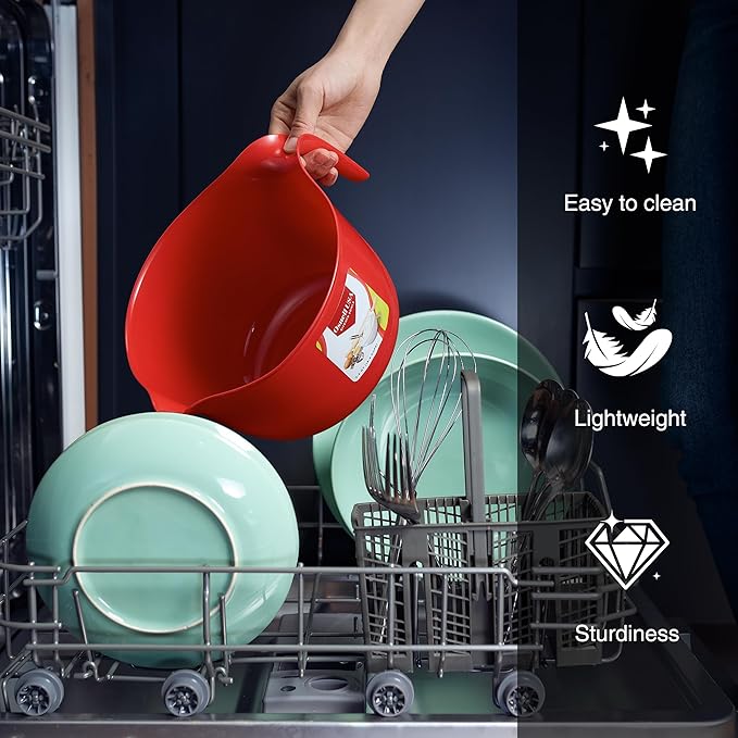 Large Mixing Bowls with Handles 3.6 qt - 2 Pc Plastic Nesting Bowls for Kitchen, Lightweight Batter Bowls, Easy to Clean + 5 Measuring Spoons Set