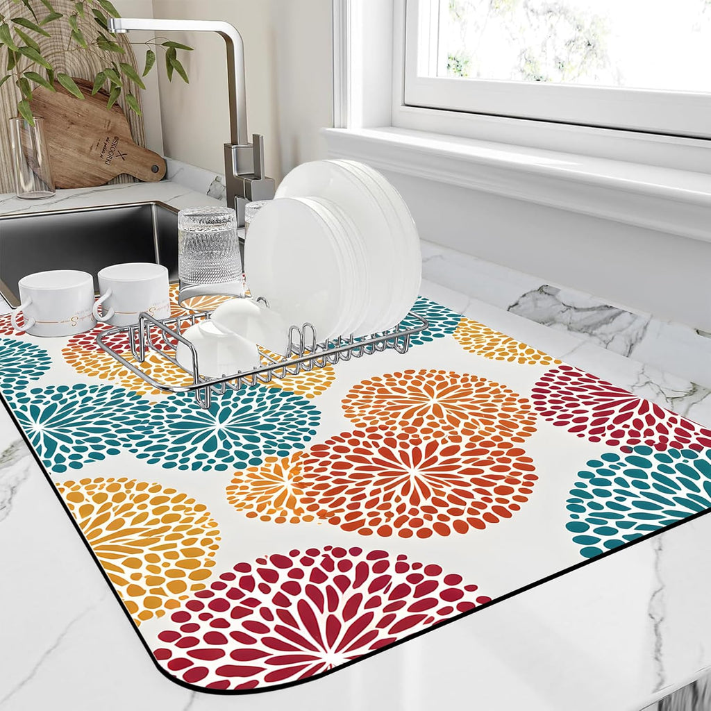 Abstract Floral Elements Dish Drying Mat Artifical Floral Kitchen Mat 16"x24" Bsorbent Coffee Maker Mat for Dishes,Utensils Coffee Maker Pots and Pans Easy Clean Dish Slip Resistant Pad