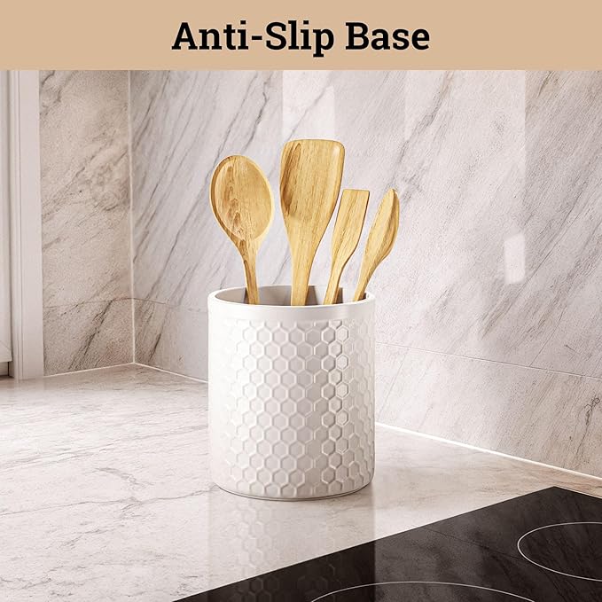 Ceramic Utensil Holder for Kitchen Counter with Anti-Slip Base - 5.5" Round x 6.5" Tall Kitchen Utensil Holder for Countertop - Holds up to 15 Pieces - Cooking Utensils Container - Vase for Utensils