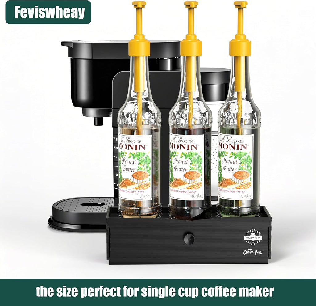Coffee Syrup Rack Organizer,Syrup Bottle Holder Stand with K Cup Pod Drawer Storage.3 Bottles Storage Shelves for Syrup,Wine,Compact Design for Coffee Bar and Small Spaces