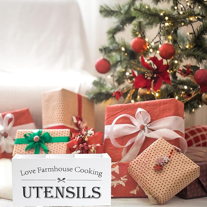 Kitchen Utensil Holder,Farmhouse Wooden Utensil Holder For Kitchen Counter,Large Cooking Spatula Organizer,Big Storage With 3 Compartments Flatware Spoon Tool Cutlery(White)