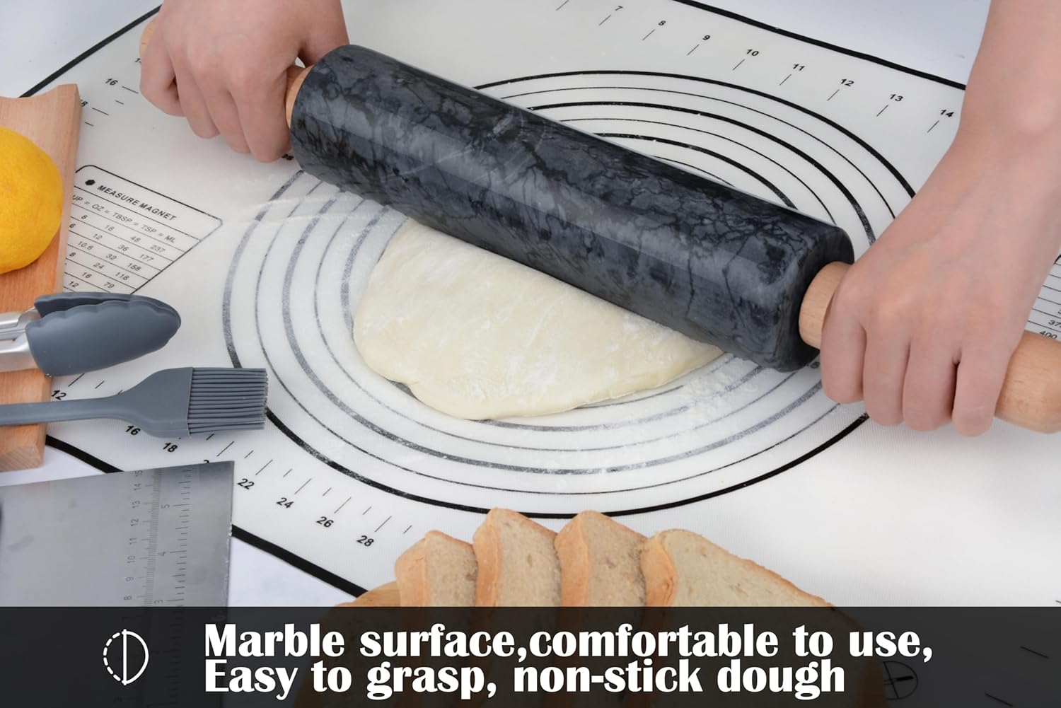 Marble Rolling Pin Set with Silicone Pastry Mat,Pastry Brush,Cooking Tongs,Stainless Steel Scraper18.5 inch Polished Non-Stick Roller for Pizza Dough,Fondant,Pie Crust(Gray Black)