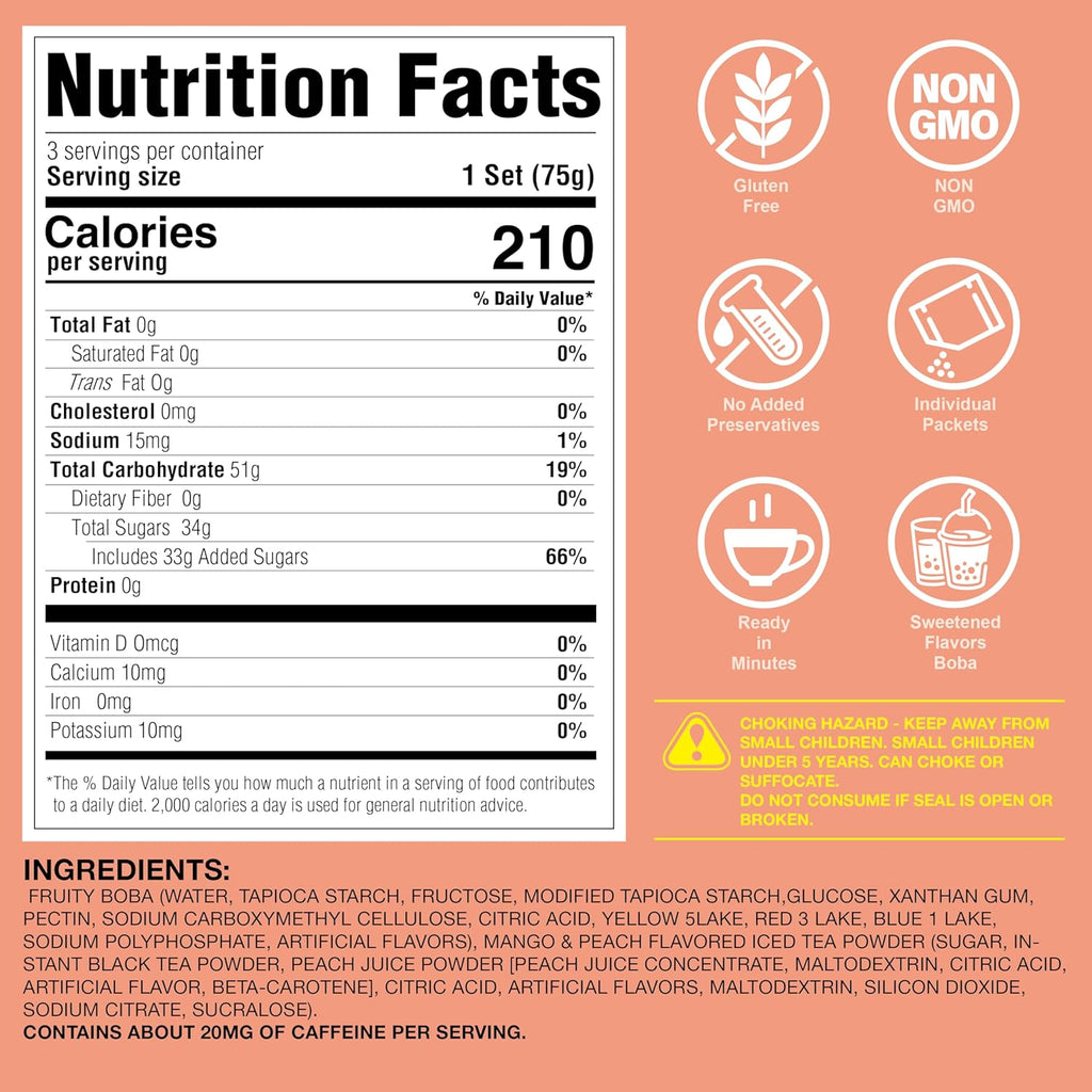 J WAY Instant Mango Peach Black Tea Kit with Authentic Fruity Colorful Tapioca Boba, Ready in Under One Minute, Paper Straws Included - 3 Servings