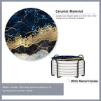 6 Pcs Coasters for Drinks with Holder,Blue Gold Marble Absorbent Coaster with Cork Backing,Great Gift for Housewarming,Room Decor,Bar,Holiday Party