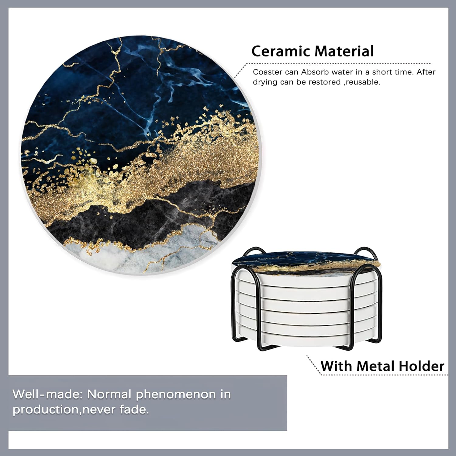 6 Pcs Coasters for Drinks with Holder,Blue Gold Marble Absorbent Coaster with Cork Backing,Great Gift for Housewarming,Room Decor,Bar,Holiday Party