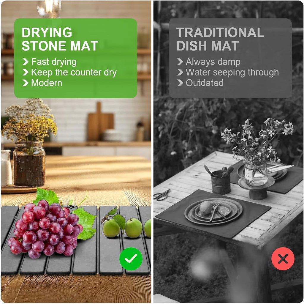 Large Stone Dish Drying Mats for Kitchen Counter, 24"×16", Collapsible quick dry stone mat kitchen, Eco-Friendly, Absorbent Diatomaceous Earth Mats for Dishes Bottles Cups, Match Any Countertop