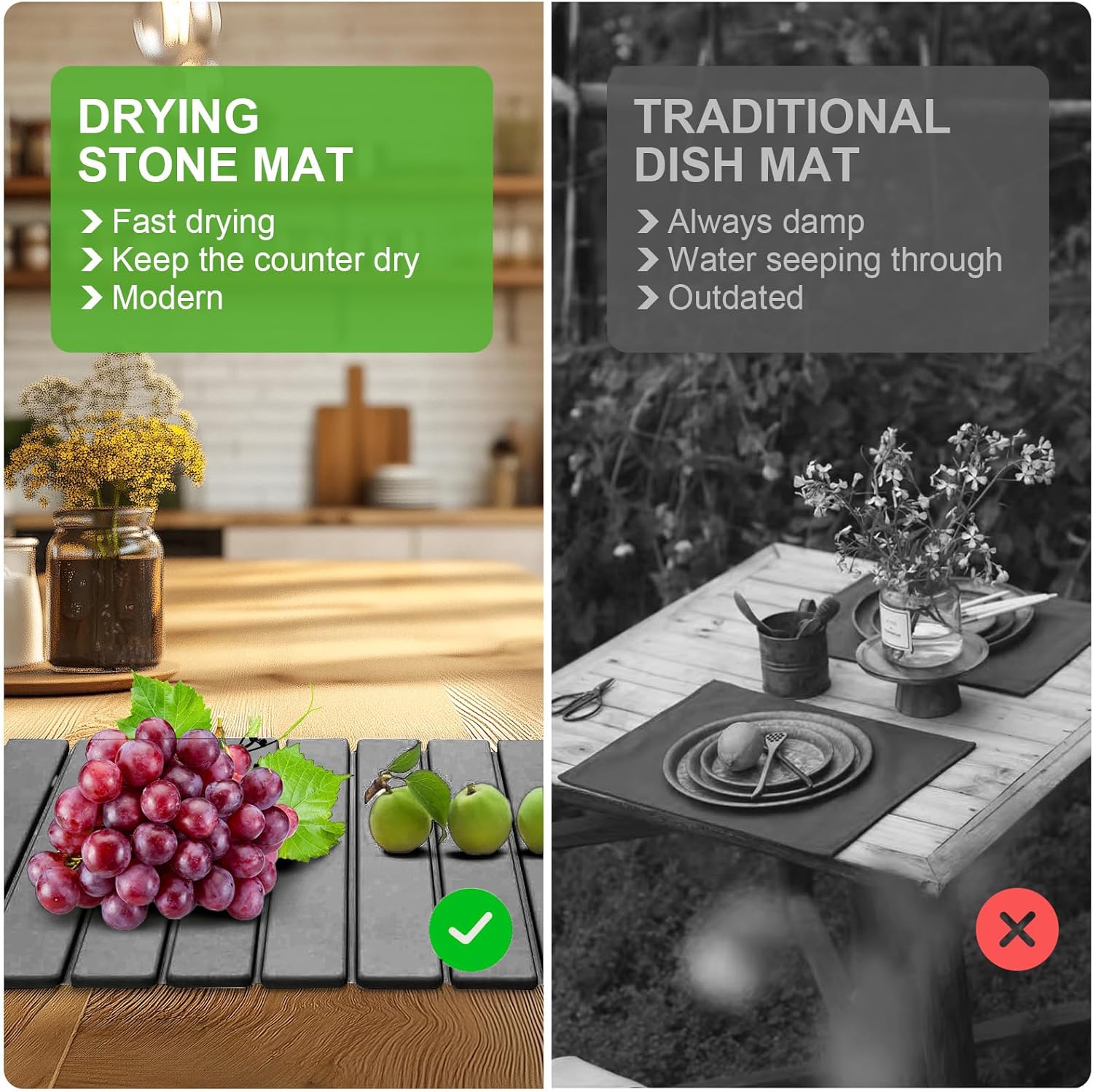 Large Stone Dish Drying Mats for Kitchen Counter, 24"×16", Collapsible quick dry stone mat kitchen, Eco-Friendly, Absorbent Diatomaceous Earth Mats for Dishes Bottles Cups, Match Any Countertop