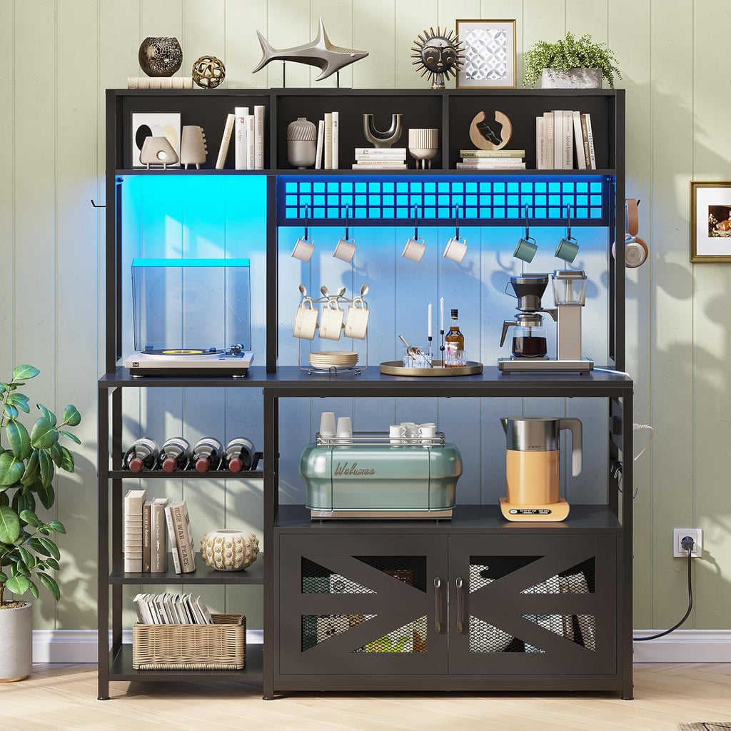 Itaar 47.2 Inch Bakers Rack with Power Outlet, Microwave Stand with Storage, Farmhouse Coffee Bar Cabinet Station with Wine Rack, Iron Grid and 8-S Hooks (Black)