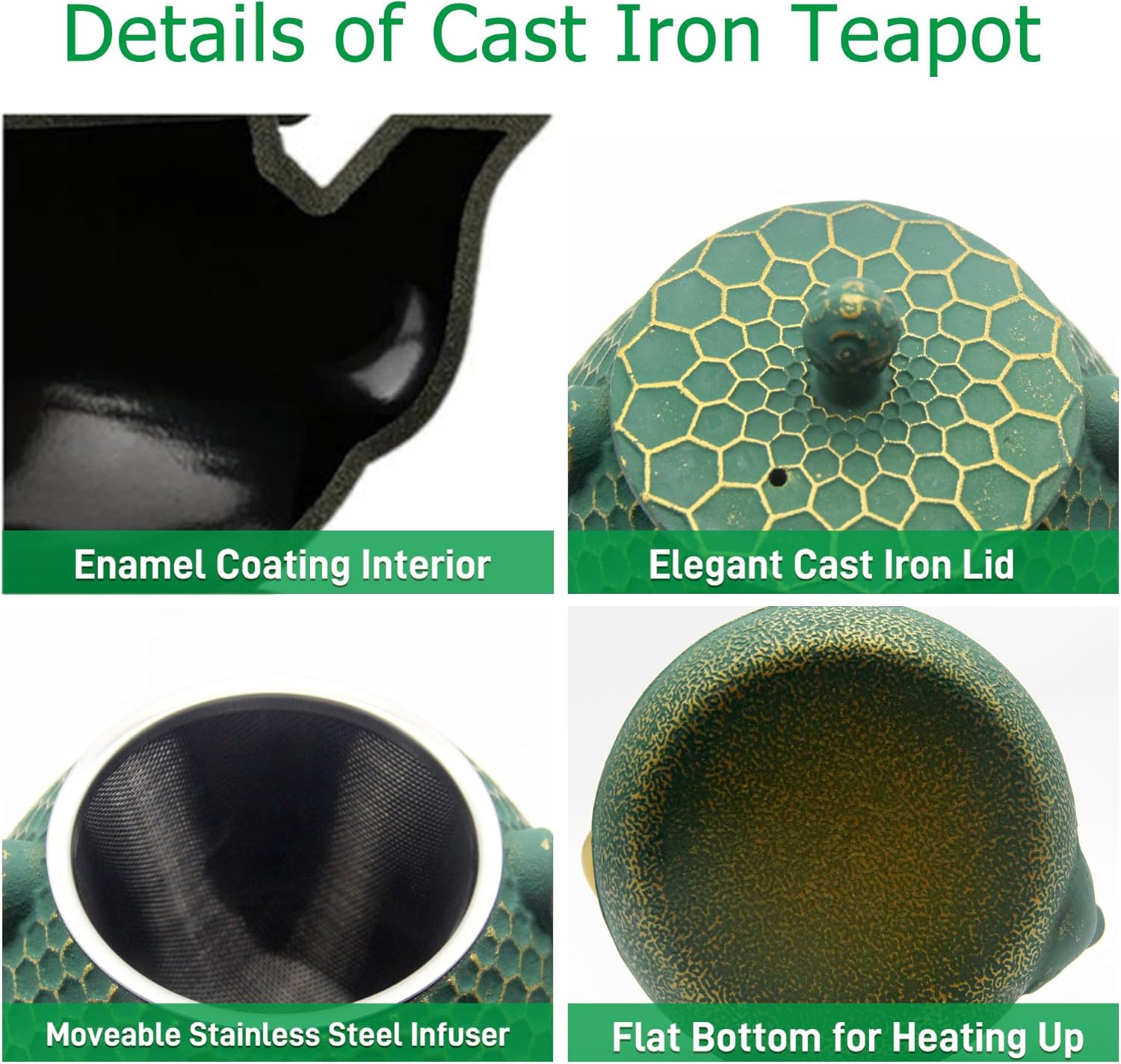 Cast Iron Tea Kettle Set, 33.8oz Hexagon Pattern Teapot Set with Cups, Teapot Coated with Enameled Interior, Durable Cast Iron Teapot Set with Stainless Steel Infuser