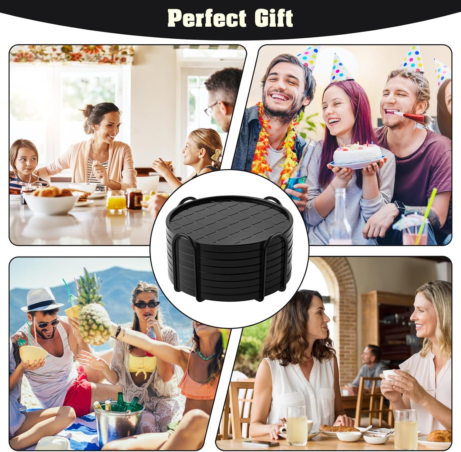 Coasters Set of 8,Hot or Cold Drink Coasters with Holder,Modern Style Coffee Table Coaster,Suitable for Kinds Cups Beer,Drink,Anti-Overflow Tabletop Protection(Black, 8pcs)