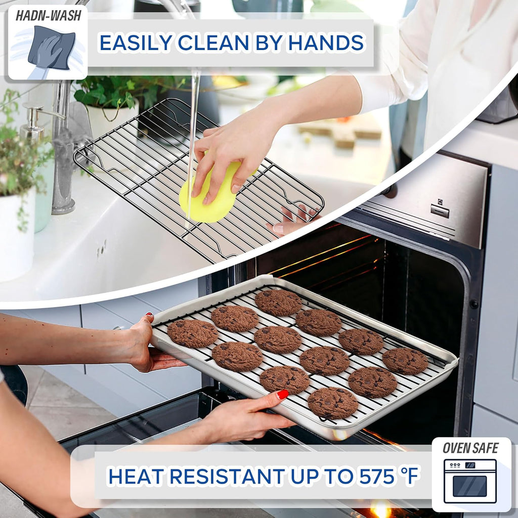 TeamFar Cooling Rack Set of 4, Stainless Steel Black Non-Stick Coated Various Size Wire Baking Roasting Rack for Baking Sheet Toaster Oven Pan, Non-Toxic & Non-Stick, Heavy Duty & Easy Clean