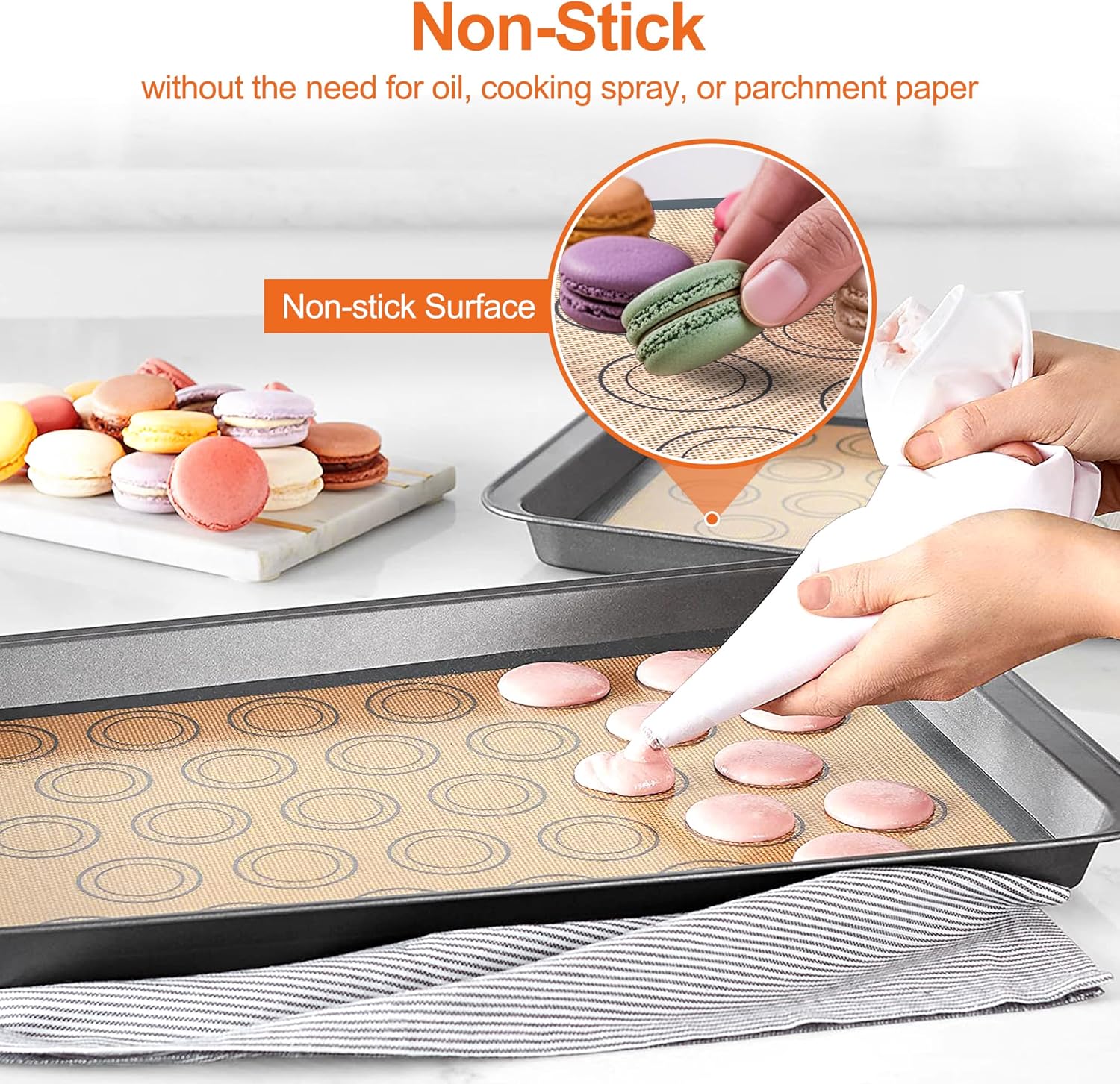 HOOMIL Macaron Silicone Baking Mats 2-Pack, 18" x 13" Commercial Half Sheet Size Macaron Silicone Mat, Non-Stick, Reusable, Food Safe Baking Mat - Brown+Gray