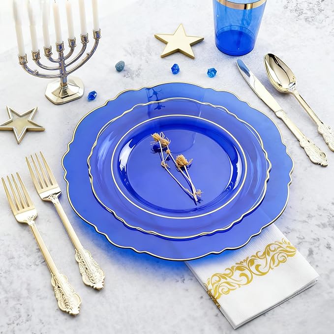 KIRE 210Pcs Blue Plastic Plates with Gold Rim& Disposable Plastic Silverware &Blue Cups&Hand Napkin- Baroque Clear Dinnerware for Hanukkah/Parties/Wedding