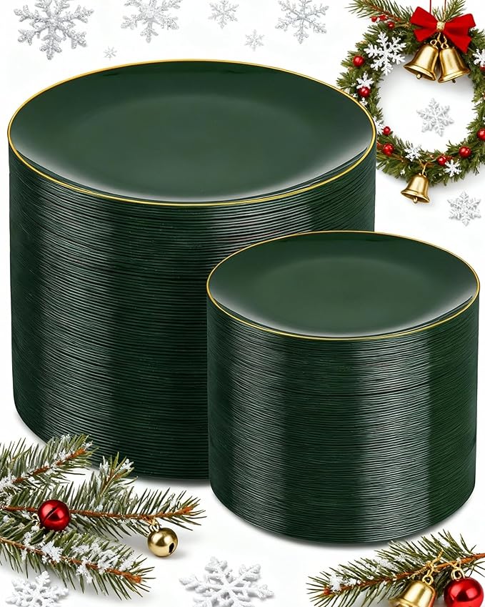 PULOTE 200PCS Green Plastic Plates - Heavy Duty Green Disposable Include 100 Each (10 inch Dinner & 7 inch Dessert) Plates for Christmas Party