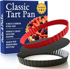 Patz&Patz Classic Tart Pan 9 Inch Removable Bottom with Patented Silicone Crust Shaper | Nonstick Carbon Steel Quiche Baking Dish, Fruit Tart Molds for Baking, Quiche Pan & Pie Mold - PFOA & PTFE-Free